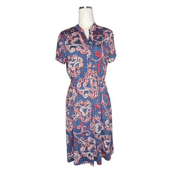 Boho Chic Denim Print Fit & Flare Midi Dress Size M Red White Paisley Americana - Picture 1 of 14
